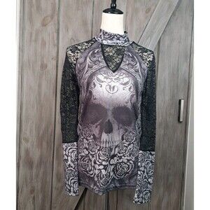 Ranlege Top Goth Black Womens Small Lace Skull Whimsigoth Biker Sexy Concert